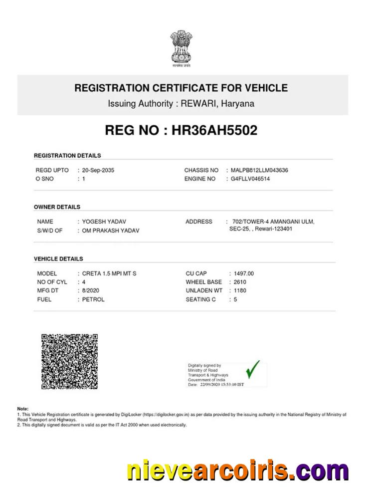 India vehicle registration certificate